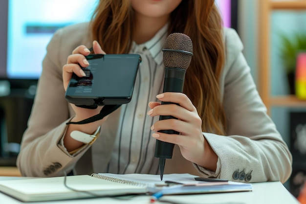 Reporter reviewing paper records